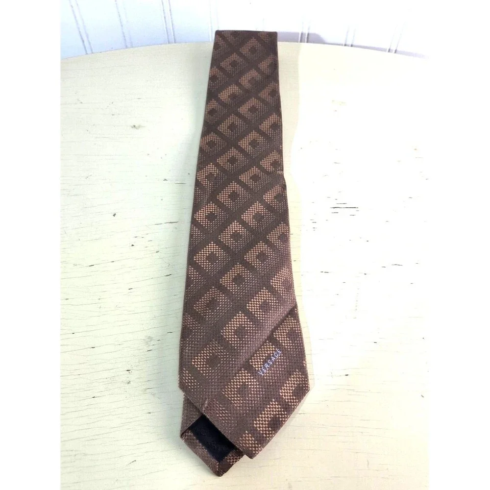Versace Silk Tie Brown Geometric Medusa Logo Italy Designer Luxury Necktie Class